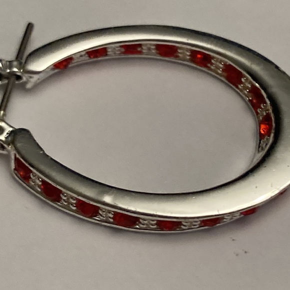 Silver Tone Hoop Earrings with Red Accents - Picture 3 of 15